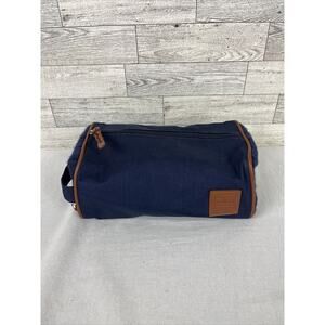 Tommy Hilfiger Toiletries Bag Navy Blue Canvas & Knit With Brown Leather Trim